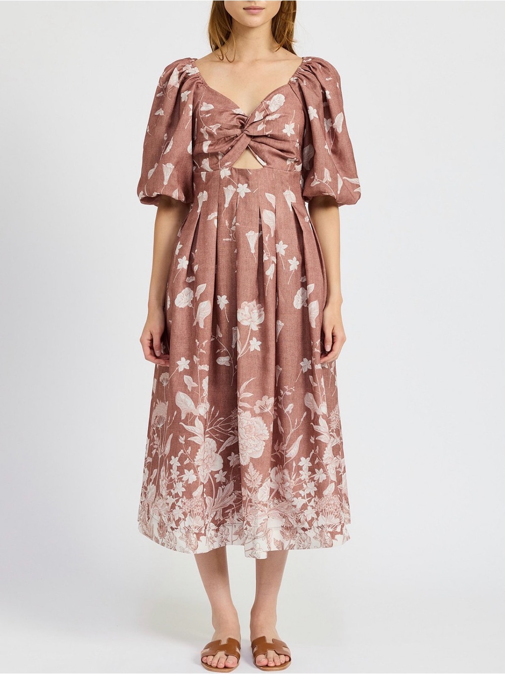En Saison Floral Puff Sleeve Midi Dress Womens Small NWT